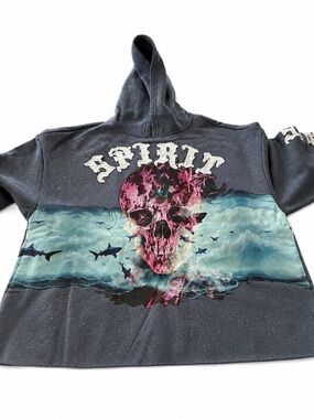 Men’s small Hooded Sweatshirt with Pink Skull & Ocean Graphic - Black